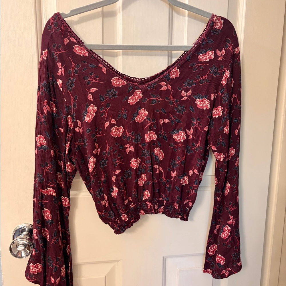 Angie Women's Burgundy Floral VNeck Boho top w/long bell shaped sleeves | Size S